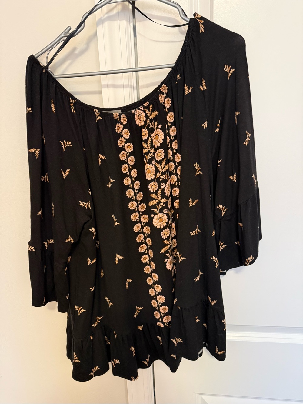 Style & Co. Black Tunic Top with Peach Floral Embroidery